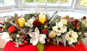 Luxurious Christmas Magnolia Centerpiece -3-Tier- Hurricane Glass 11.5 H x 40" L x 20"W
