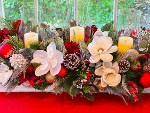 Luxurious Christmas Magnolia Centerpiece -3-Tier- Hurricane Glass 11.5 H x 40" L x 20"W