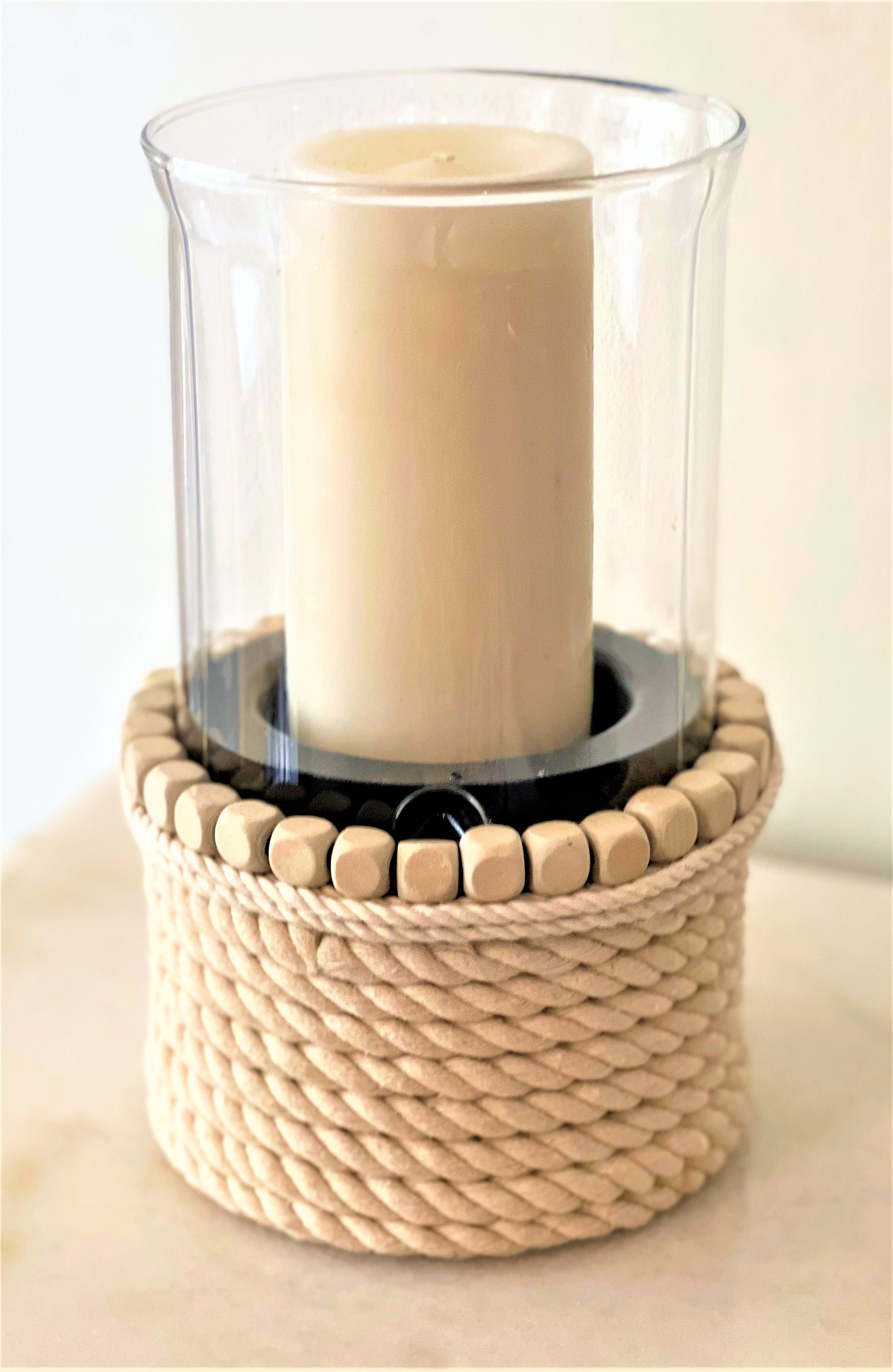 Jute-Wood Bead -Rope Glass Candle Holder 10" H X 5 1/2 " Wide