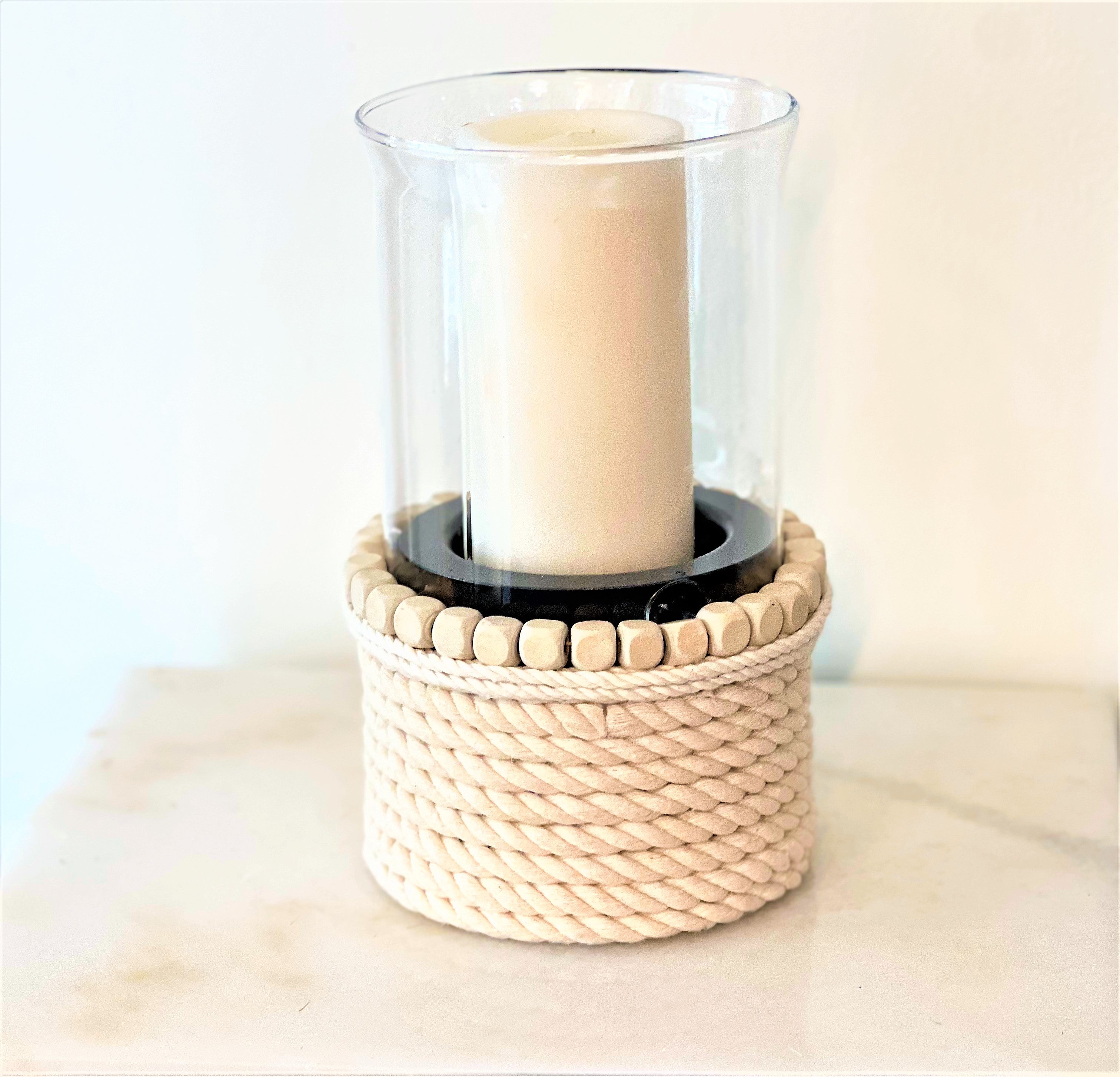 Jute-Wood Bead -Rope Glass Candle Holder 10" H X 5 1/2 " Wide