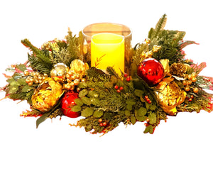 Christmas  Centerpiece With Gold Decorated Glass  26"Lx14"W
