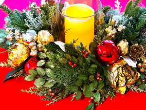 Christmas  Centerpiece With Gold Decorated Glass  26"Lx14"W