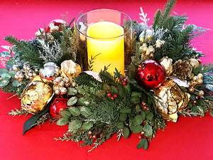 Christmas  Centerpiece With Gold Decorated Glass  26"Lx14"W