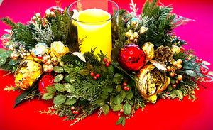 Christmas  Centerpiece With Gold Decorated Glass  26"Lx14"W