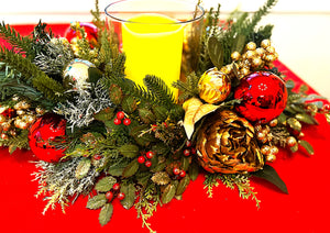 Christmas  Centerpiece With Gold Decorated Glass  26"Lx14"W