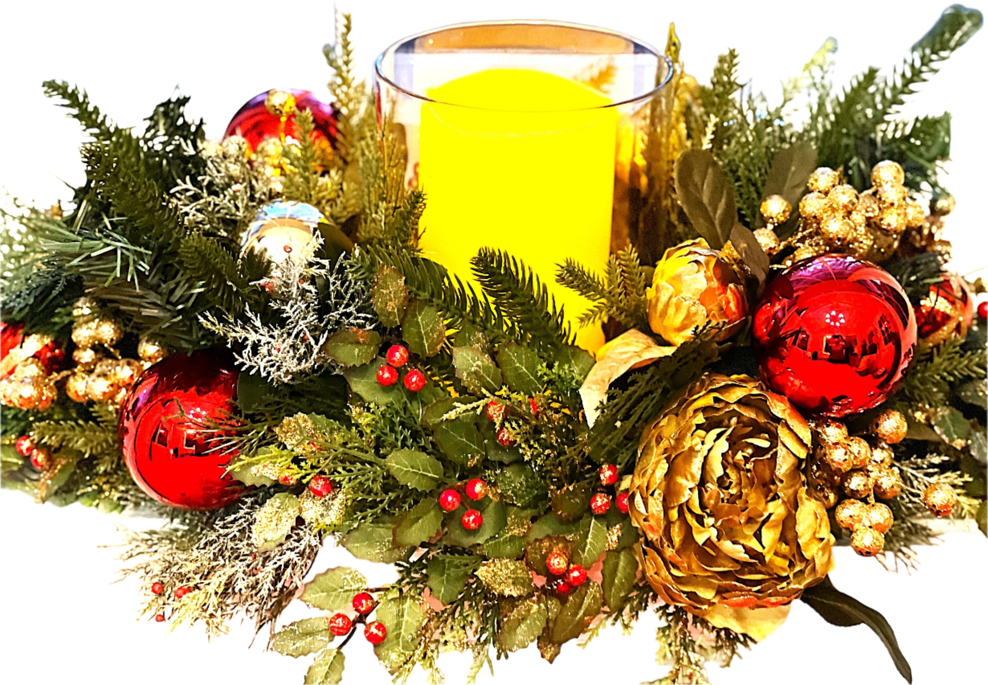Christmas  Centerpiece With Gold Decorated Glass  26"Lx14"W