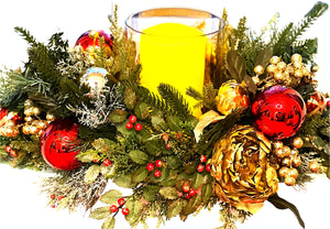 Christmas  Centerpiece With Gold Decorated Glass  26"Lx14"W