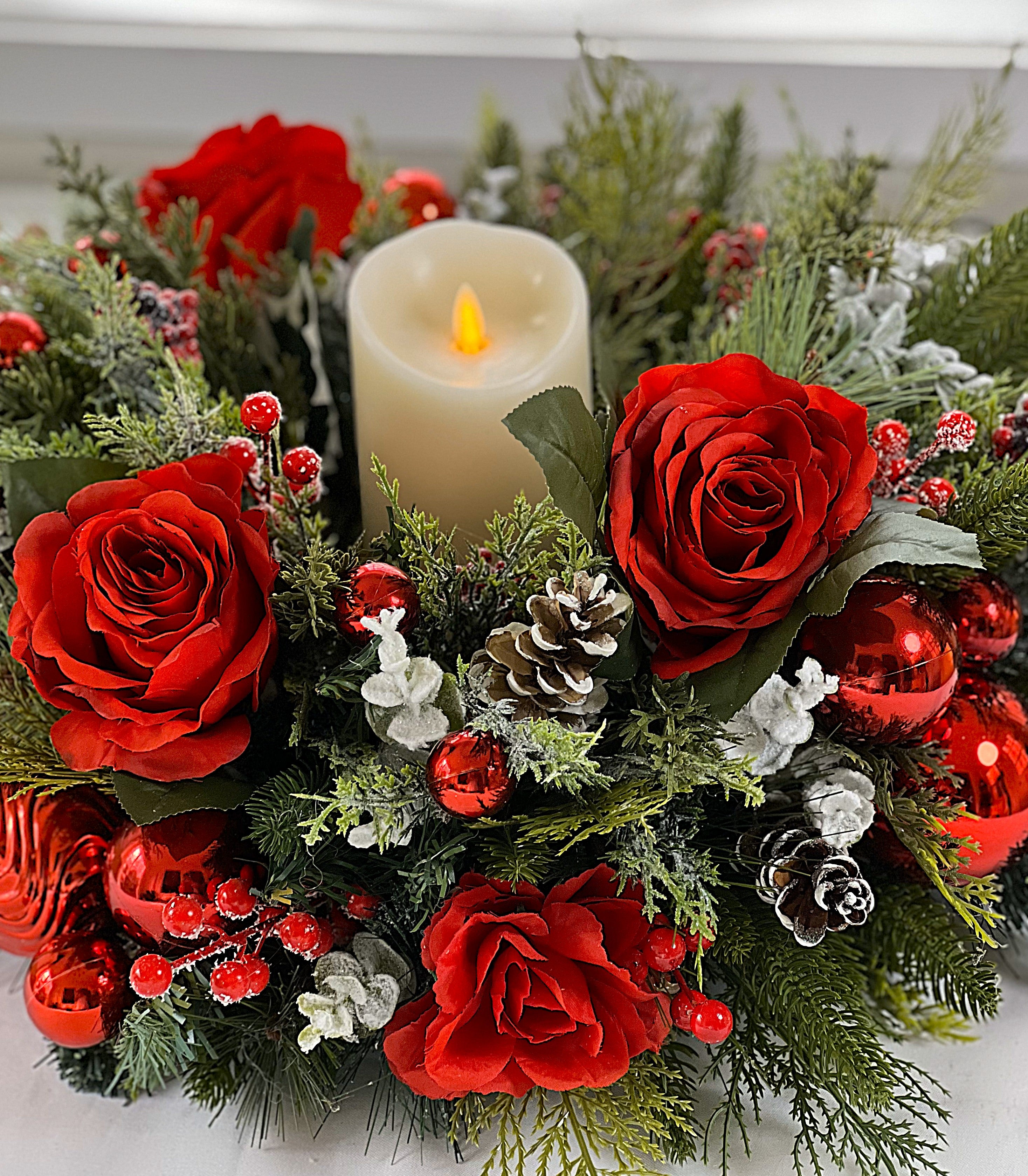Red Christmas Centerpiece-Lantern Centerpiece- 24" Diameter x16 H with Lantern
