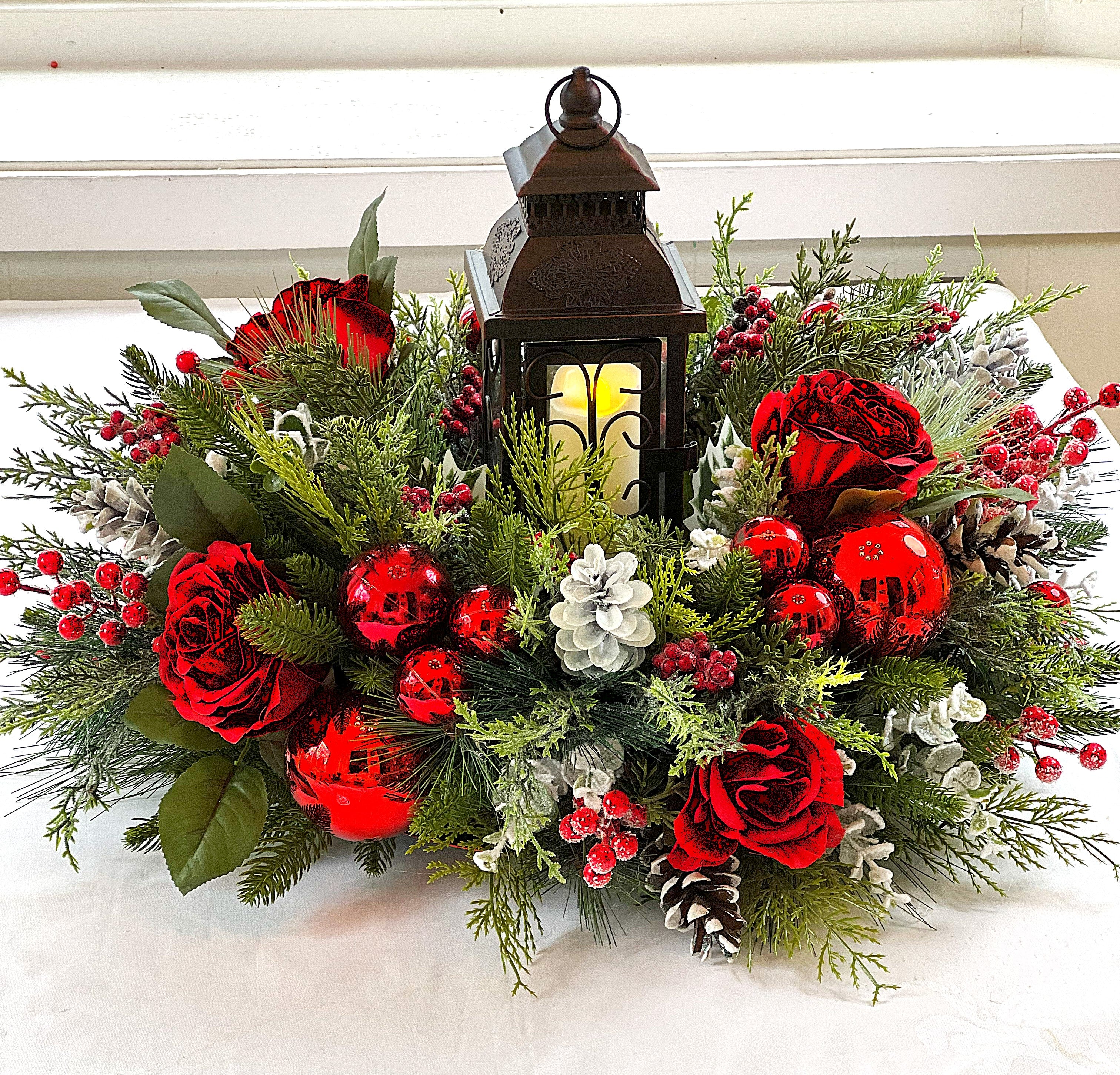 Red Christmas Centerpiece-Lantern Centerpiece- 24" Diameter x16 H with Lantern