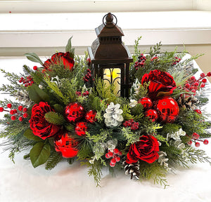 Red Christmas Centerpiece-Lantern Centerpiece- 24" Diameter x16 H with Lantern