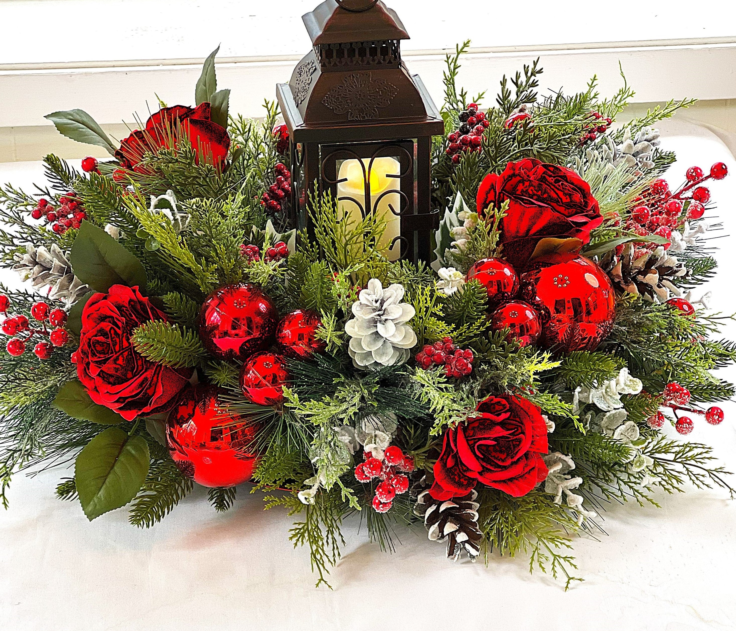 Red Christmas Centerpiece-Lantern Centerpiece- 24" Diameter x16 H with Lantern