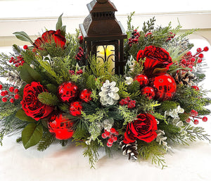 Red Christmas Centerpiece-Lantern Centerpiece- 24" Diameter x16 H with Lantern