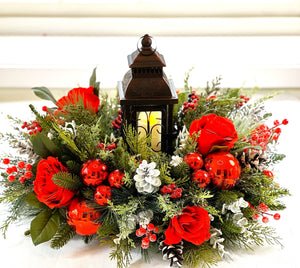 Red Christmas Centerpiece-Lantern Centerpiece- 24" Diameter x16 H with Lantern