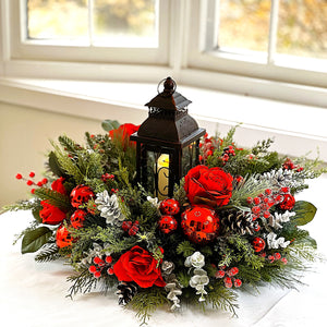 Red Christmas Centerpiece-Lantern Centerpiece- 24" Diameter x16 H with Lantern
