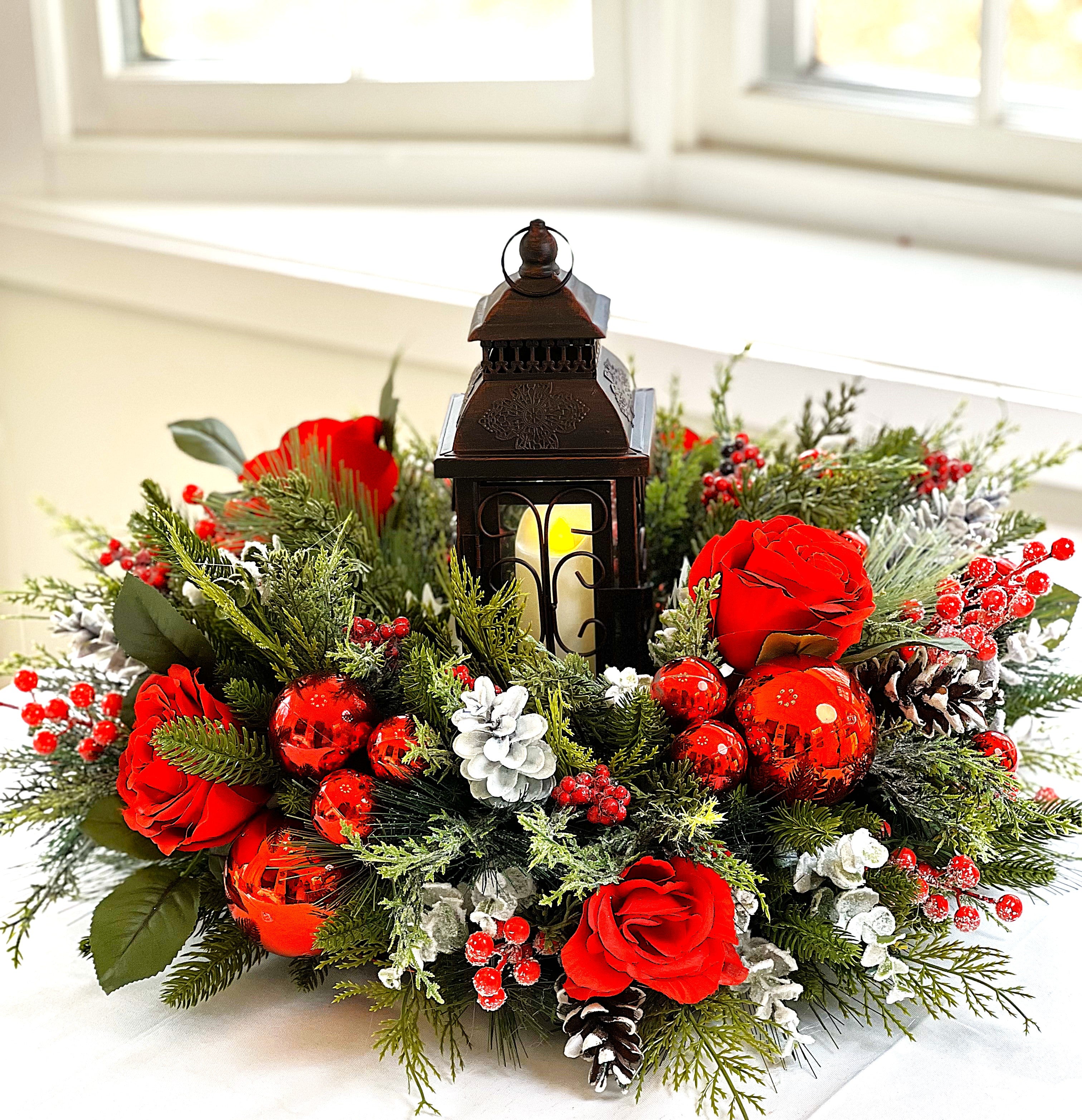 Red Christmas Centerpiece-Lantern Centerpiece- 24" Diameter x16 H with Lantern