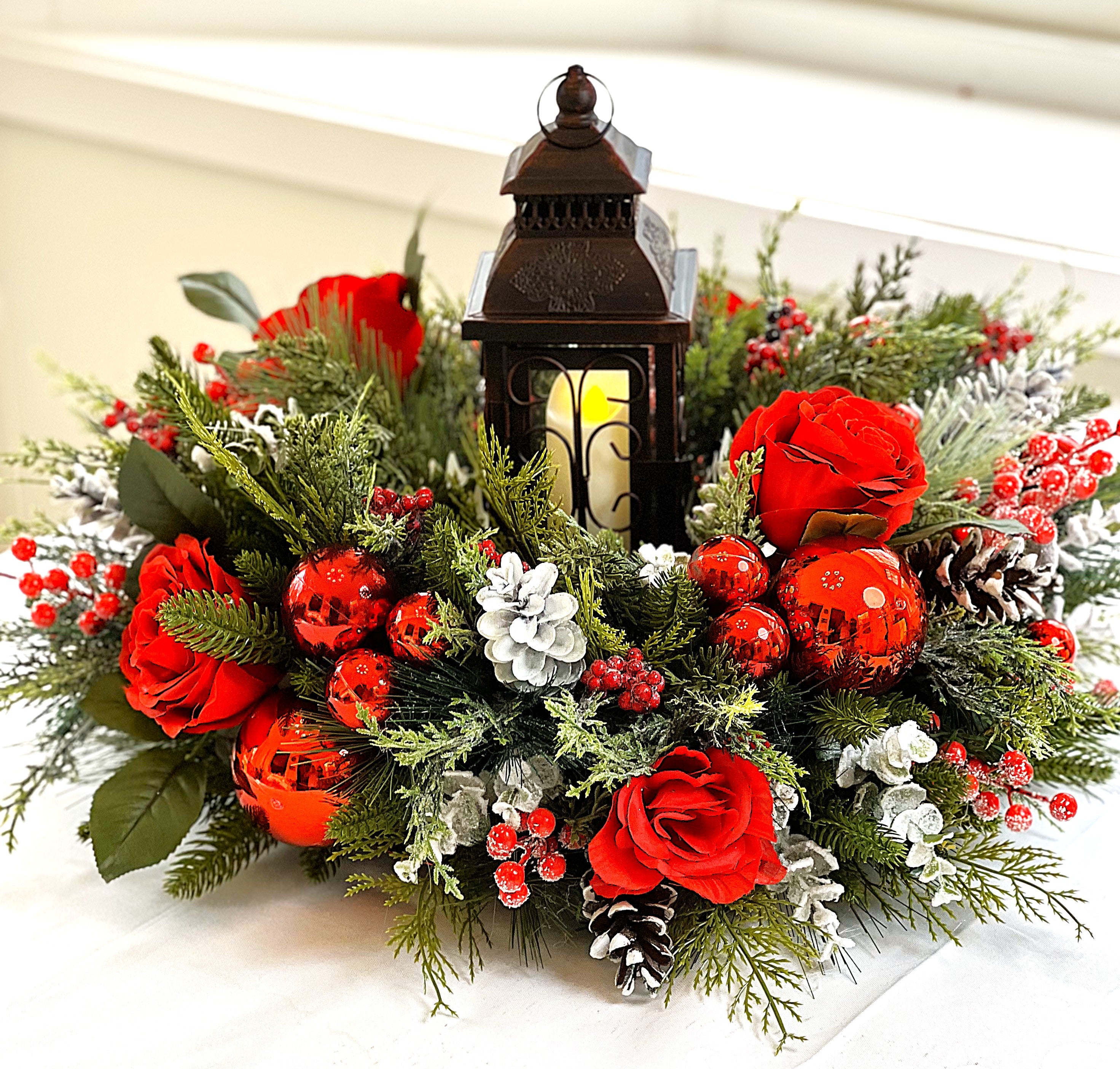 Red Christmas Centerpiece-Lantern Centerpiece- 24" Diameter x16 H with Lantern