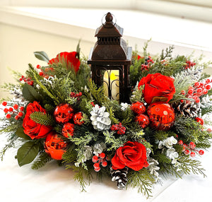 Red Christmas Centerpiece-Lantern Centerpiece- 24" Diameter x16 H with Lantern