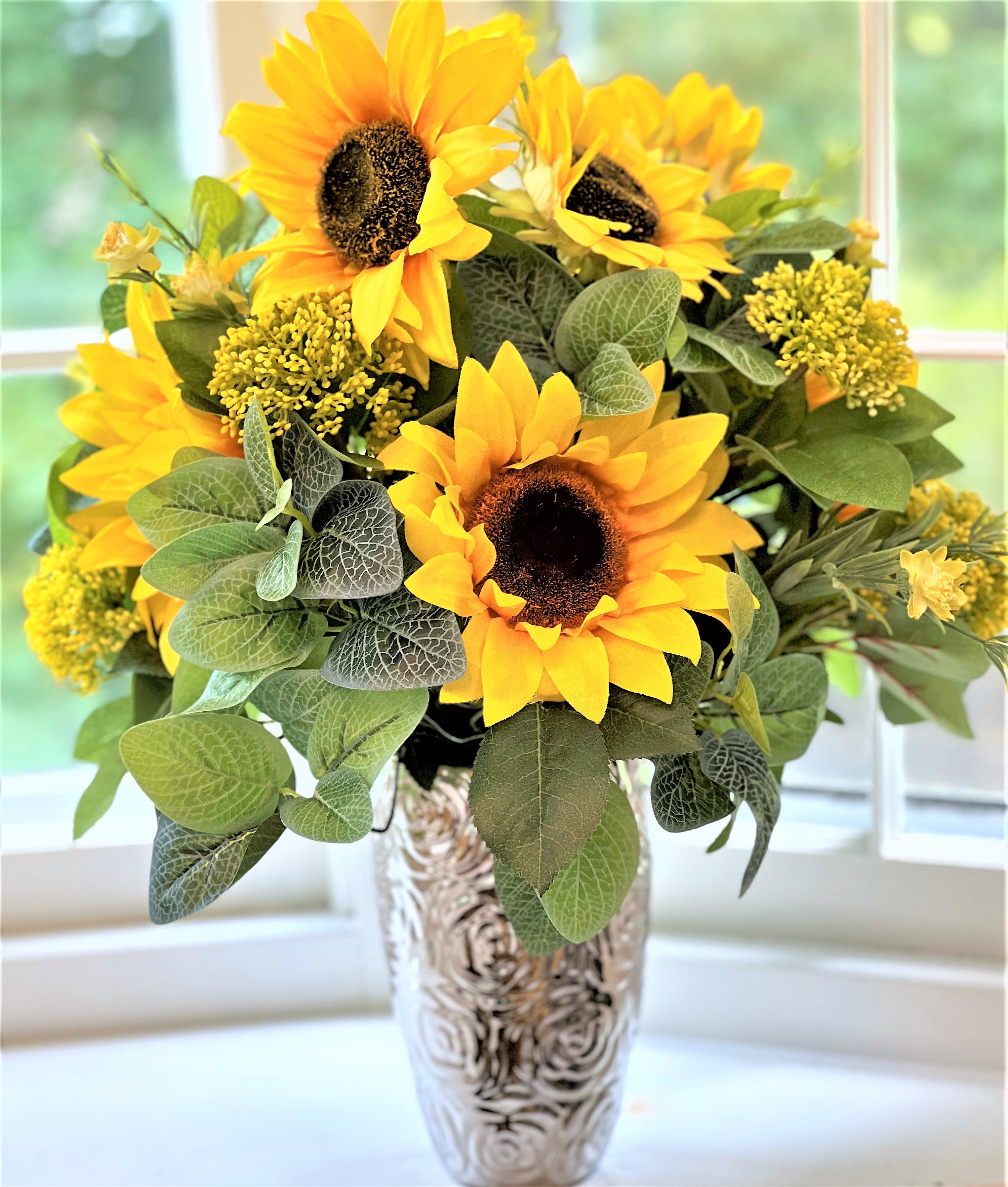 Sunflower Centerpiece, Home Décor, Gift 20"H X18"W with 10" Silver Vase