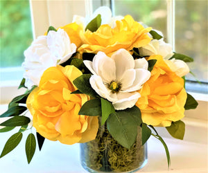 Silk Magnolias, Everyday Centerpiece- Realistic Flowers 12" H x16 W X6" Glass Vase