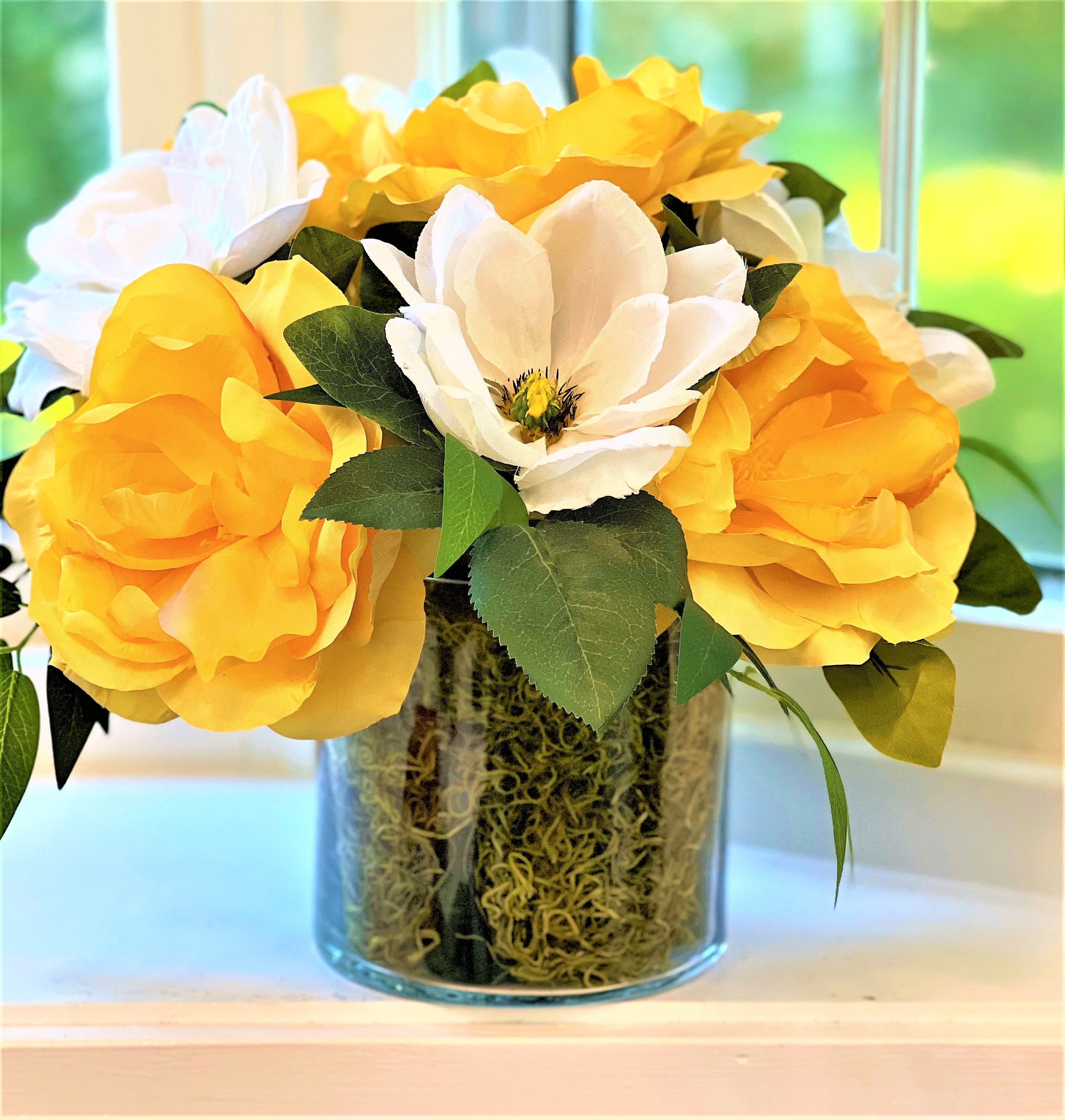 Silk Magnolias, Everyday Centerpiece- Realistic Flowers 12" H x16 W X6" Glass Vase
