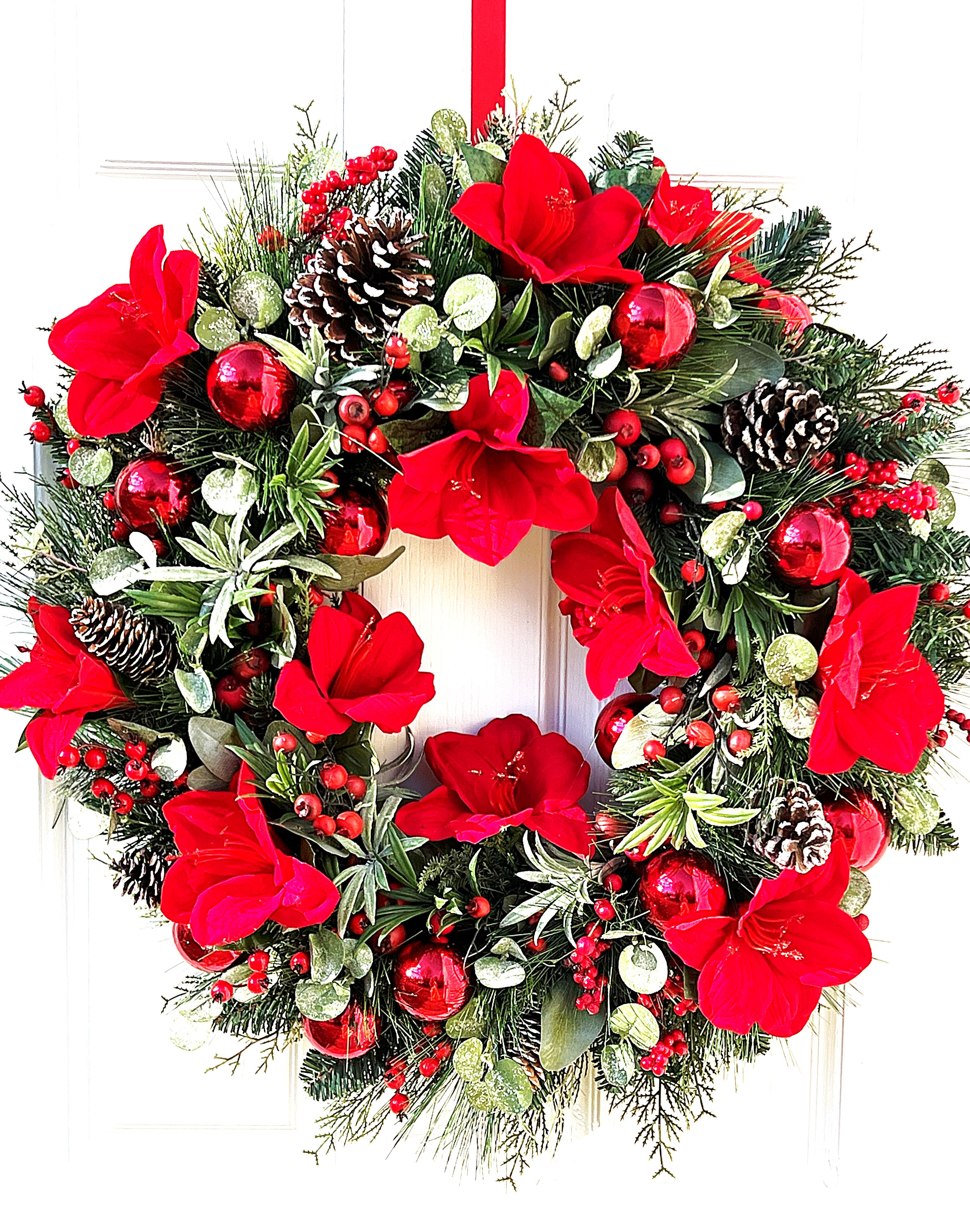 Red Amaryllis Christmas Wreath 30" Diameter