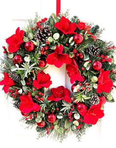 Red Amaryllis Christmas Wreath 30" Diameter