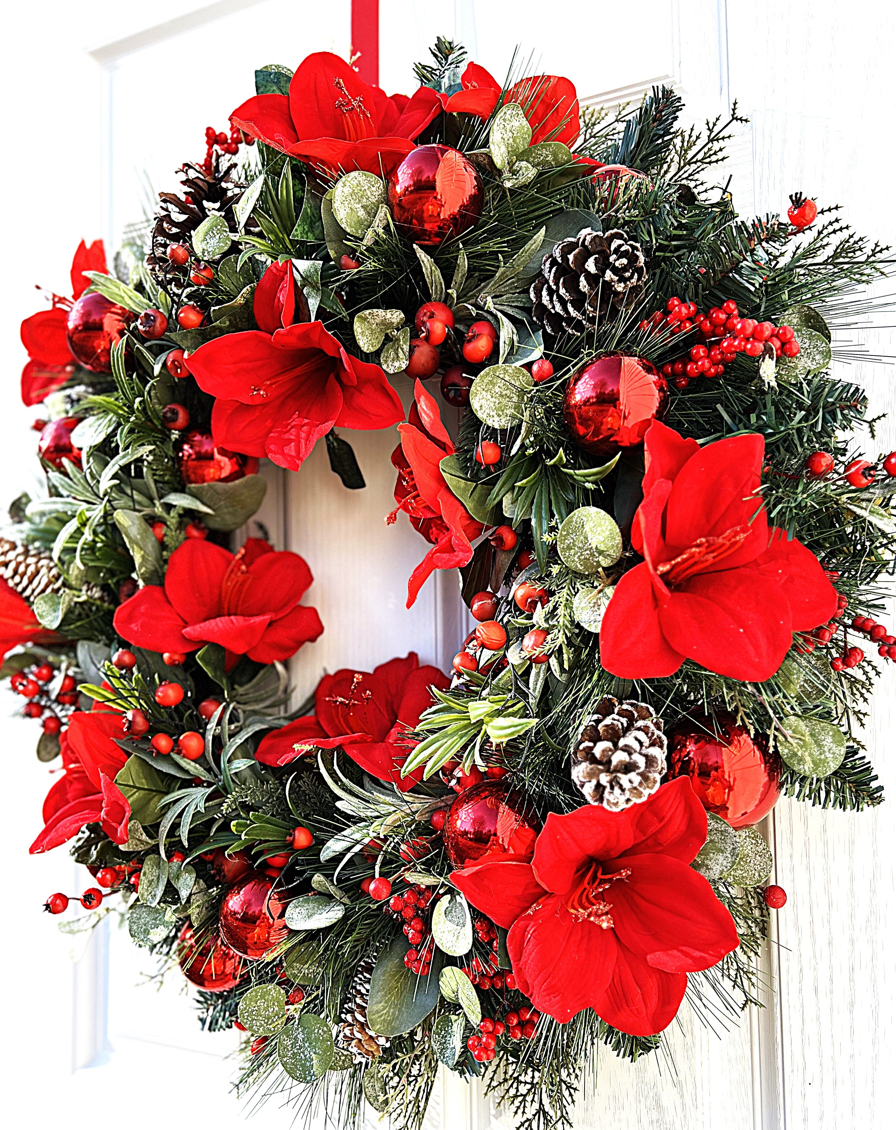 Red Amaryllis Christmas Wreath 30" Diameter