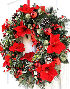 Red Amaryllis Christmas Wreath 30" Diameter
