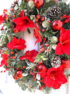 Red Amaryllis Christmas Wreath 30" Diameter