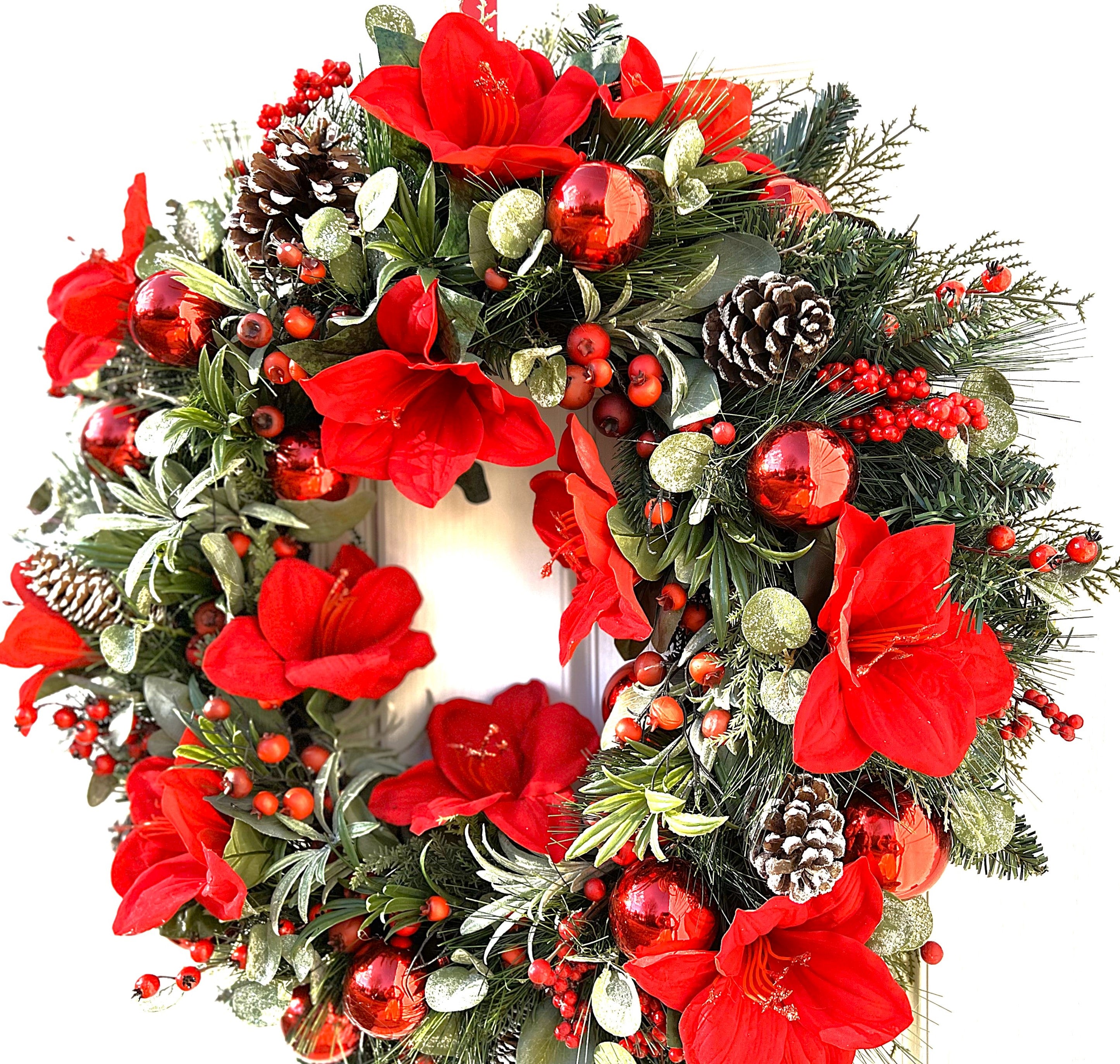 Red Amaryllis Christmas Wreath 30" Diameter