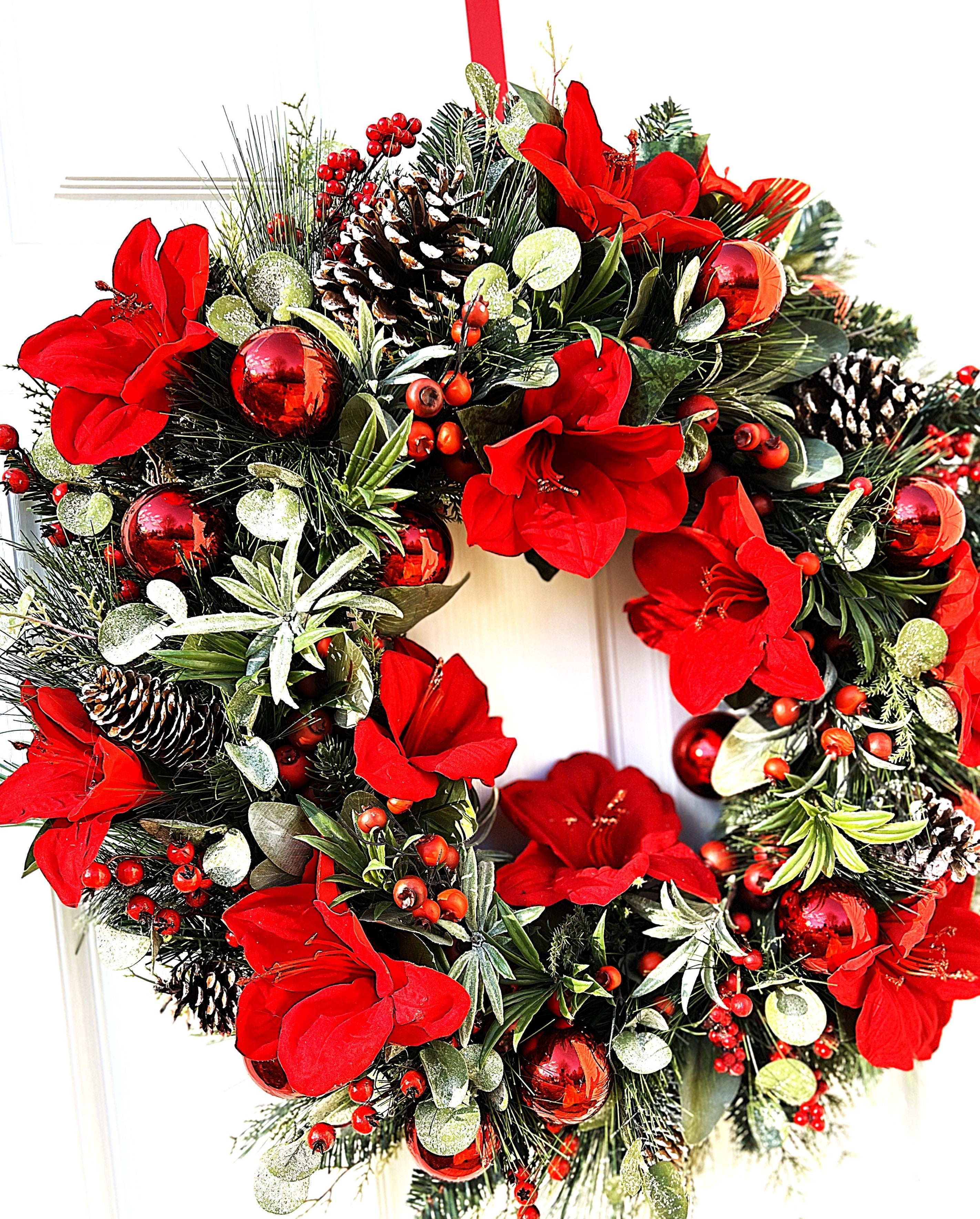 Red Amaryllis Christmas Wreath 30" Diameter