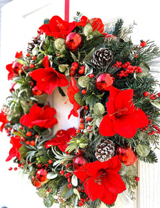 Red Amaryllis Christmas Wreath 30" Diameter