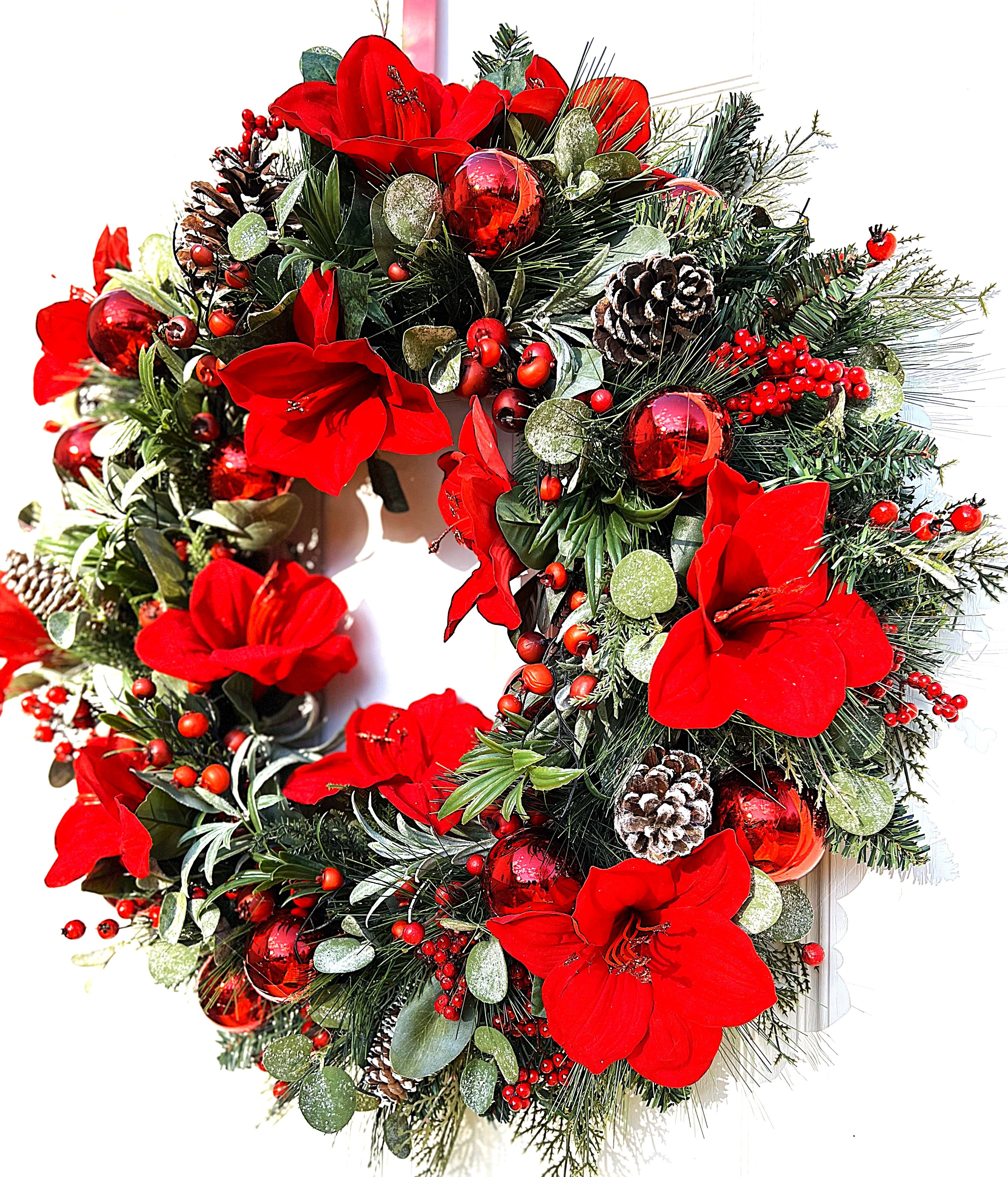 Red Amaryllis Christmas Wreath 30" Diameter
