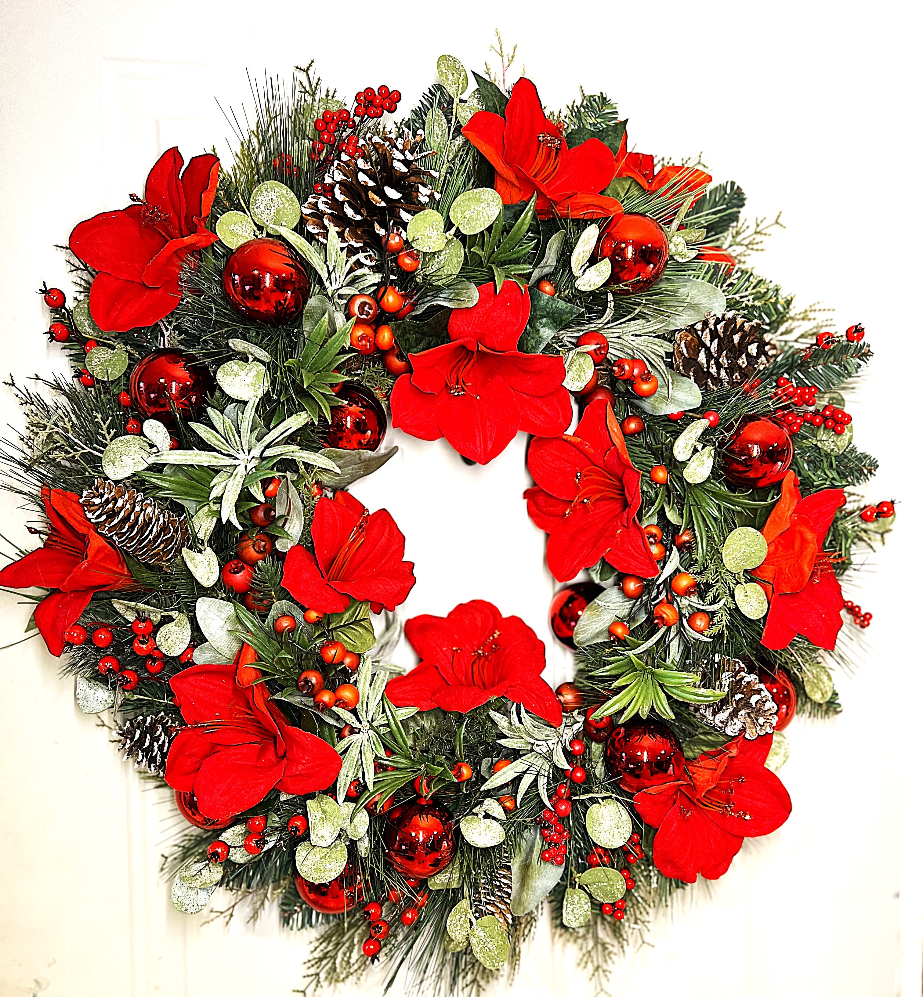 Red Amaryllis Christmas Wreath 30" Diameter