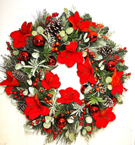 Red Amaryllis Christmas Wreath 30" Diameter