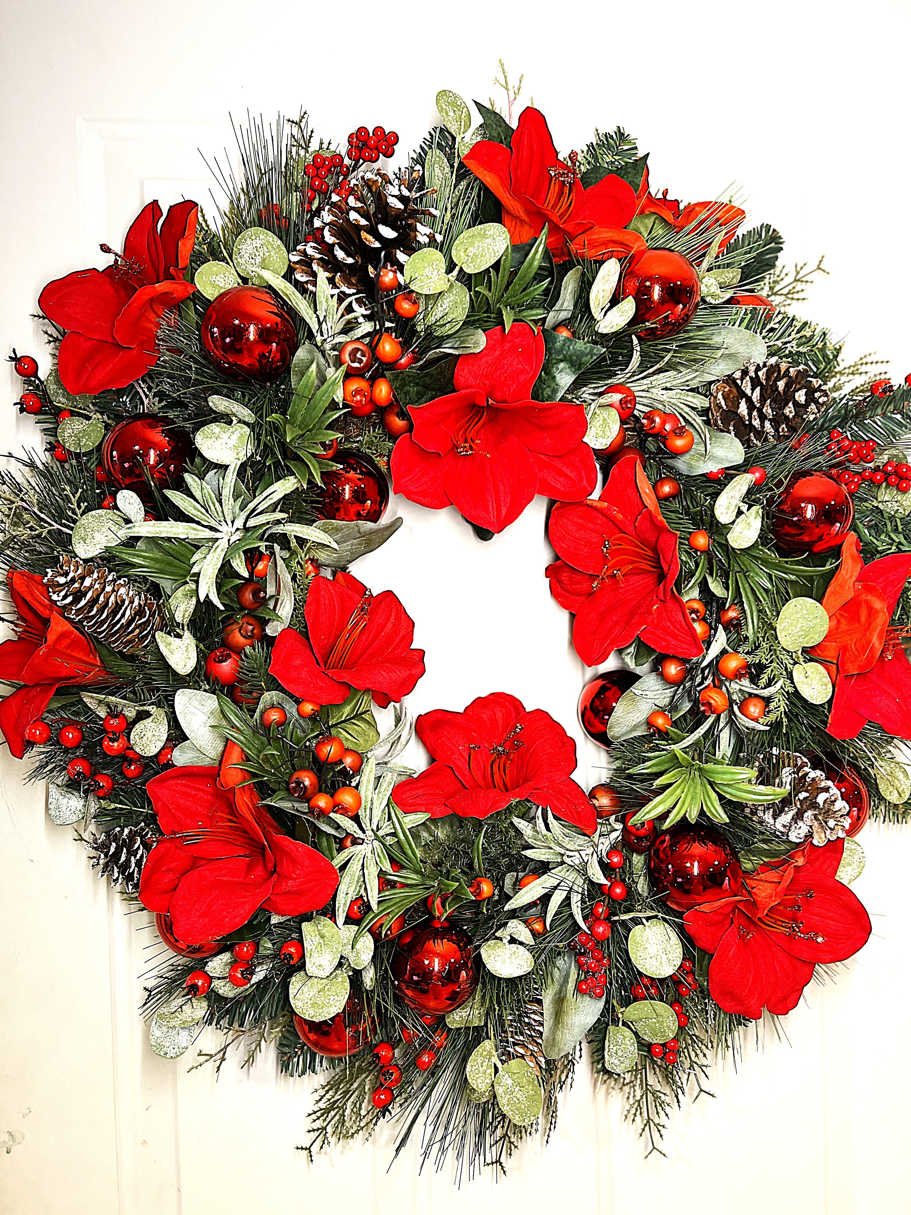 Red Amaryllis Christmas Wreath 30" Diameter