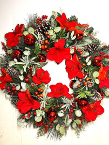 Red Amaryllis Christmas Wreath 30" Diameter