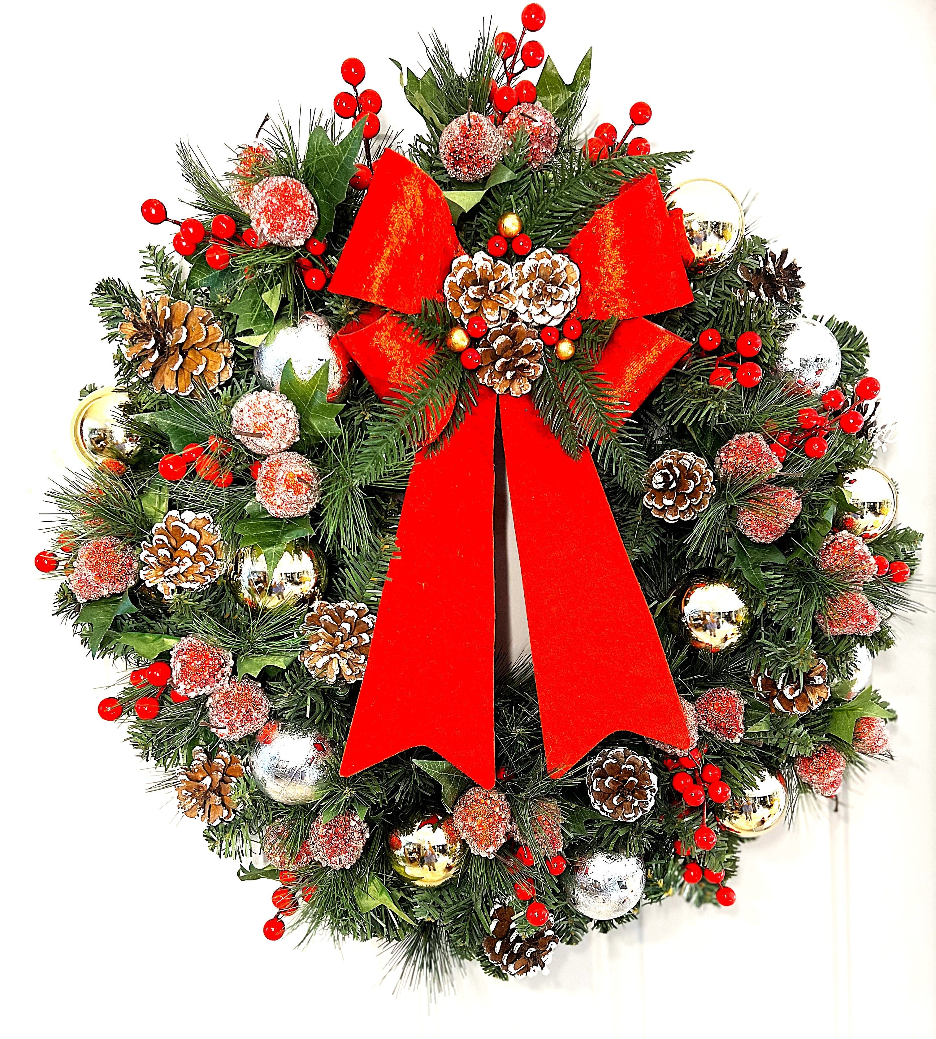 Christmas Elegance Wreath – 24" Pre-Lit Battery-Operated LED Wreath