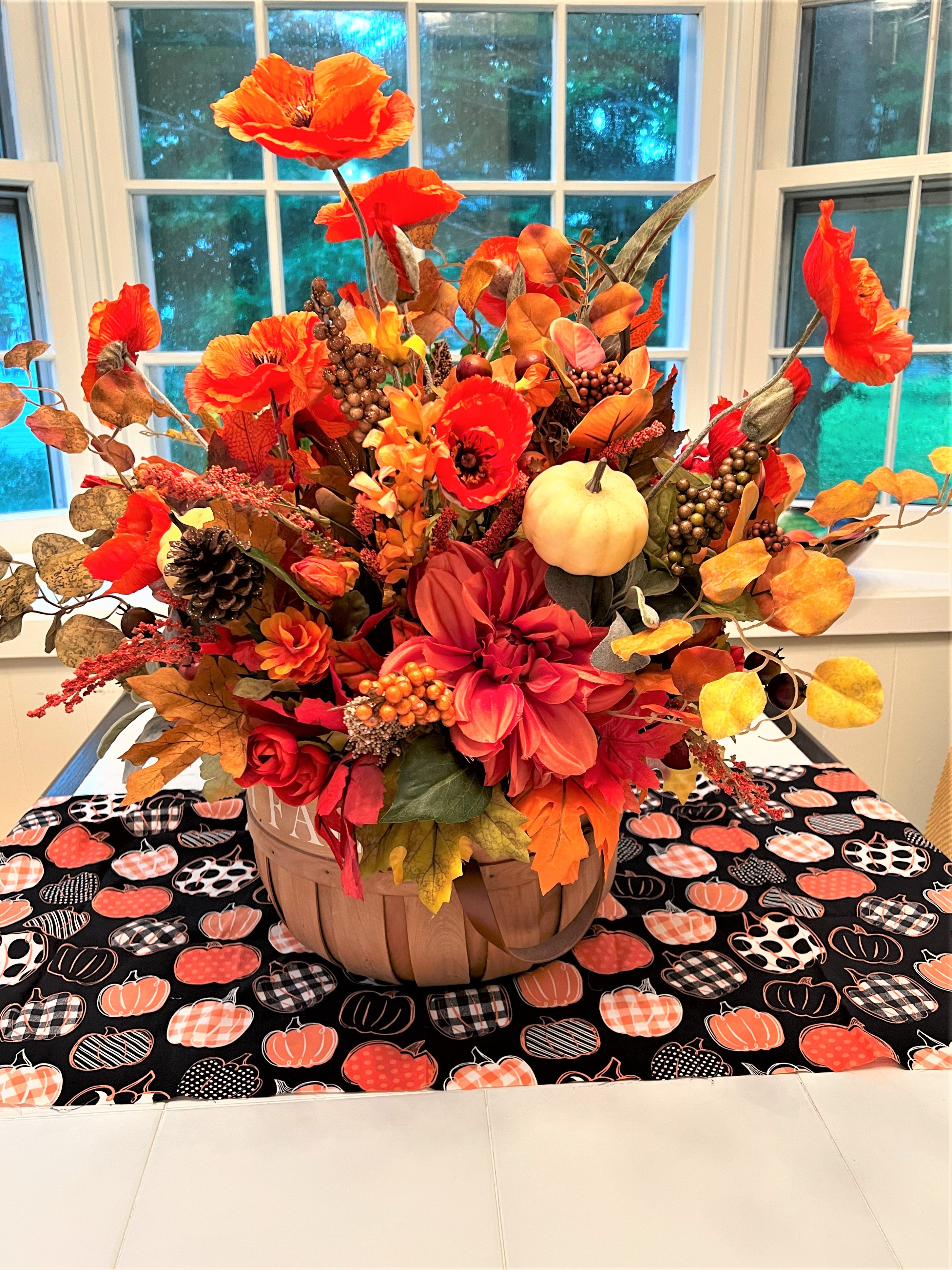 Happy Fall Centerpiece 24" H X 26" W in a Large Wicker Basket