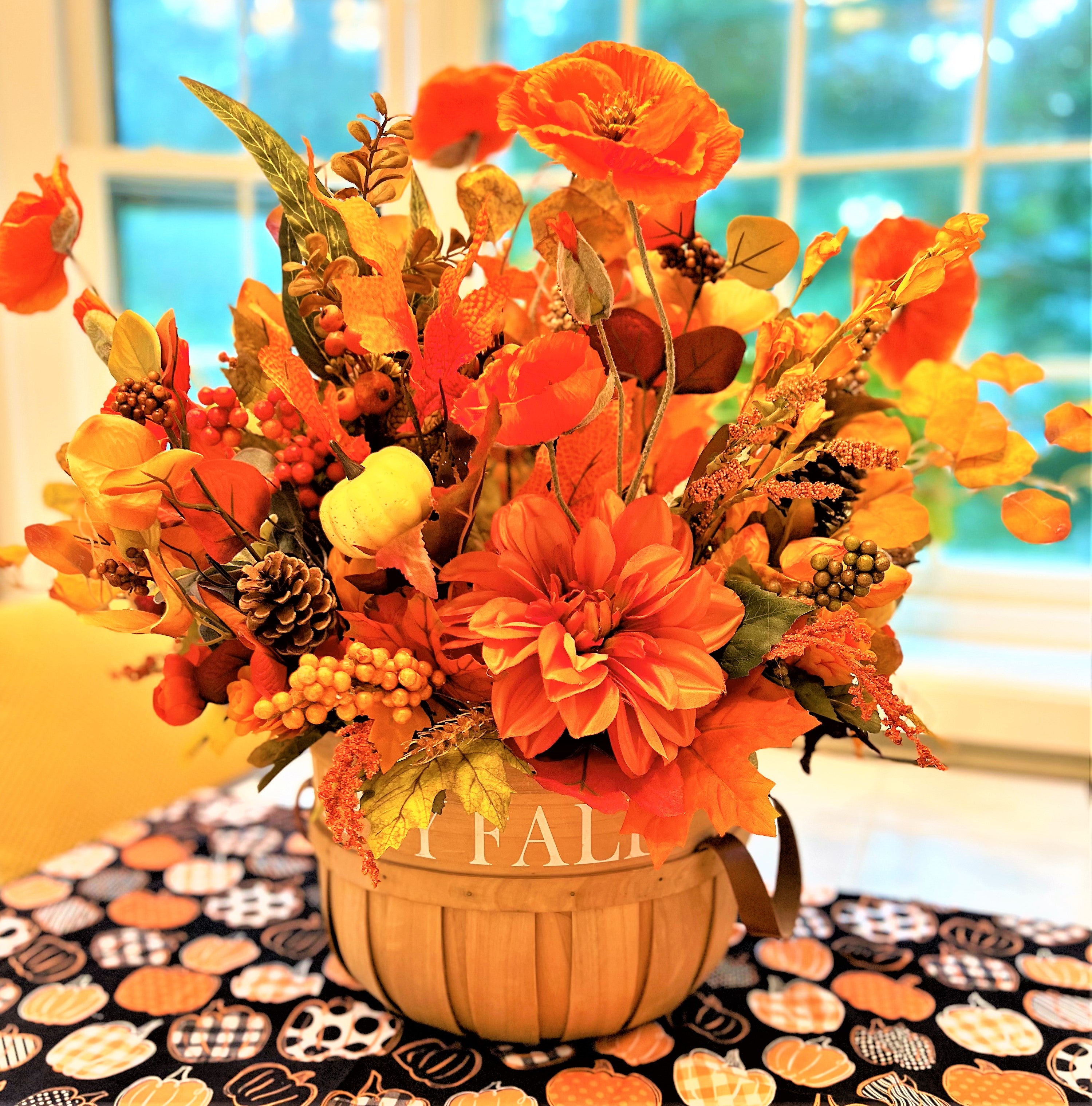 Happy Fall Centerpiece 24" H X 26" W in a Large Wicker Basket