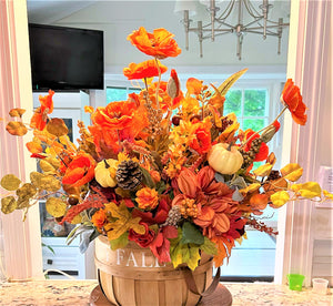 Happy Fall Centerpiece 24" H X 26" W in a Large Wicker Basket