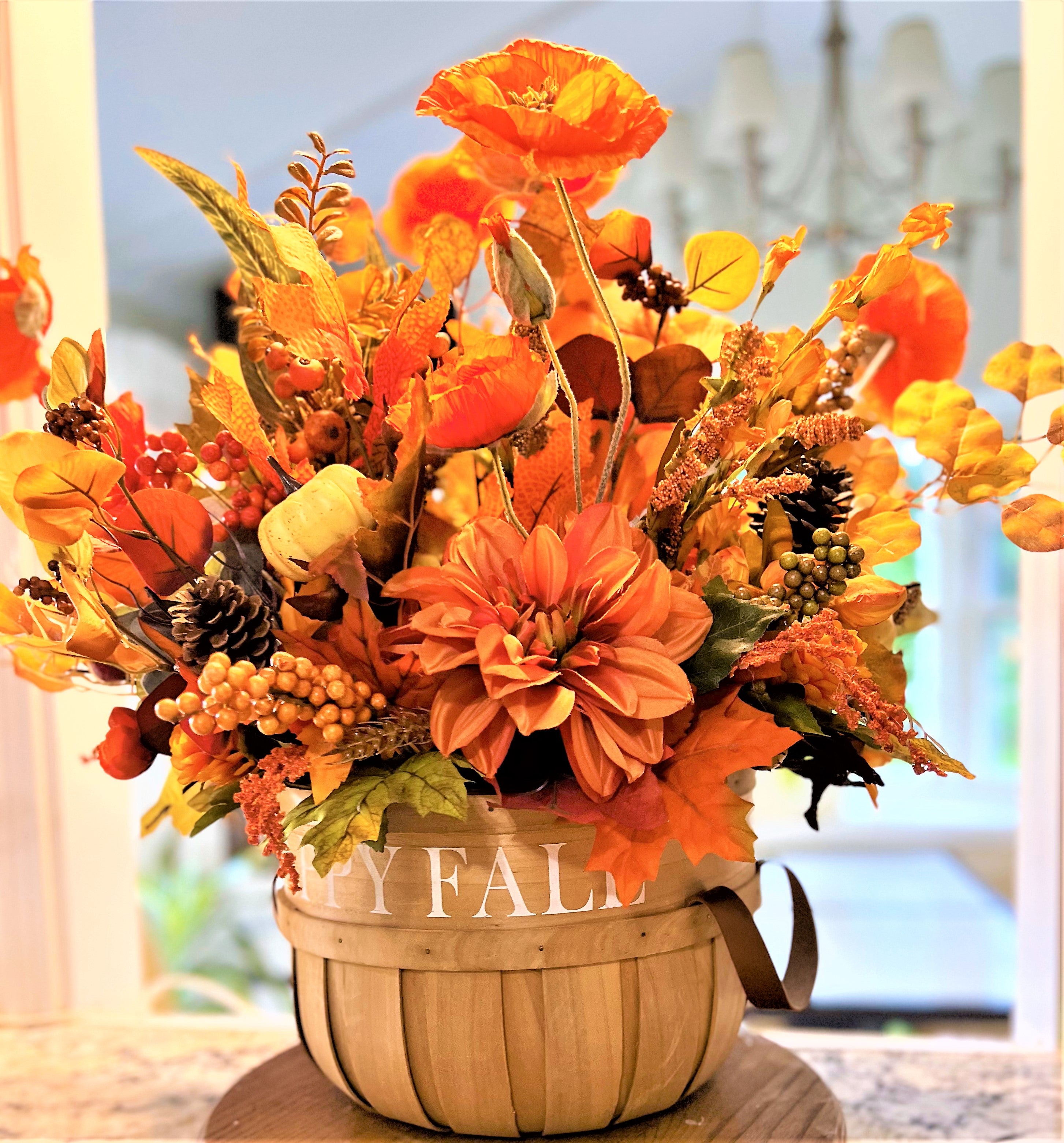 Happy Fall Centerpiece 24" H X 26" W in a Large Wicker Basket