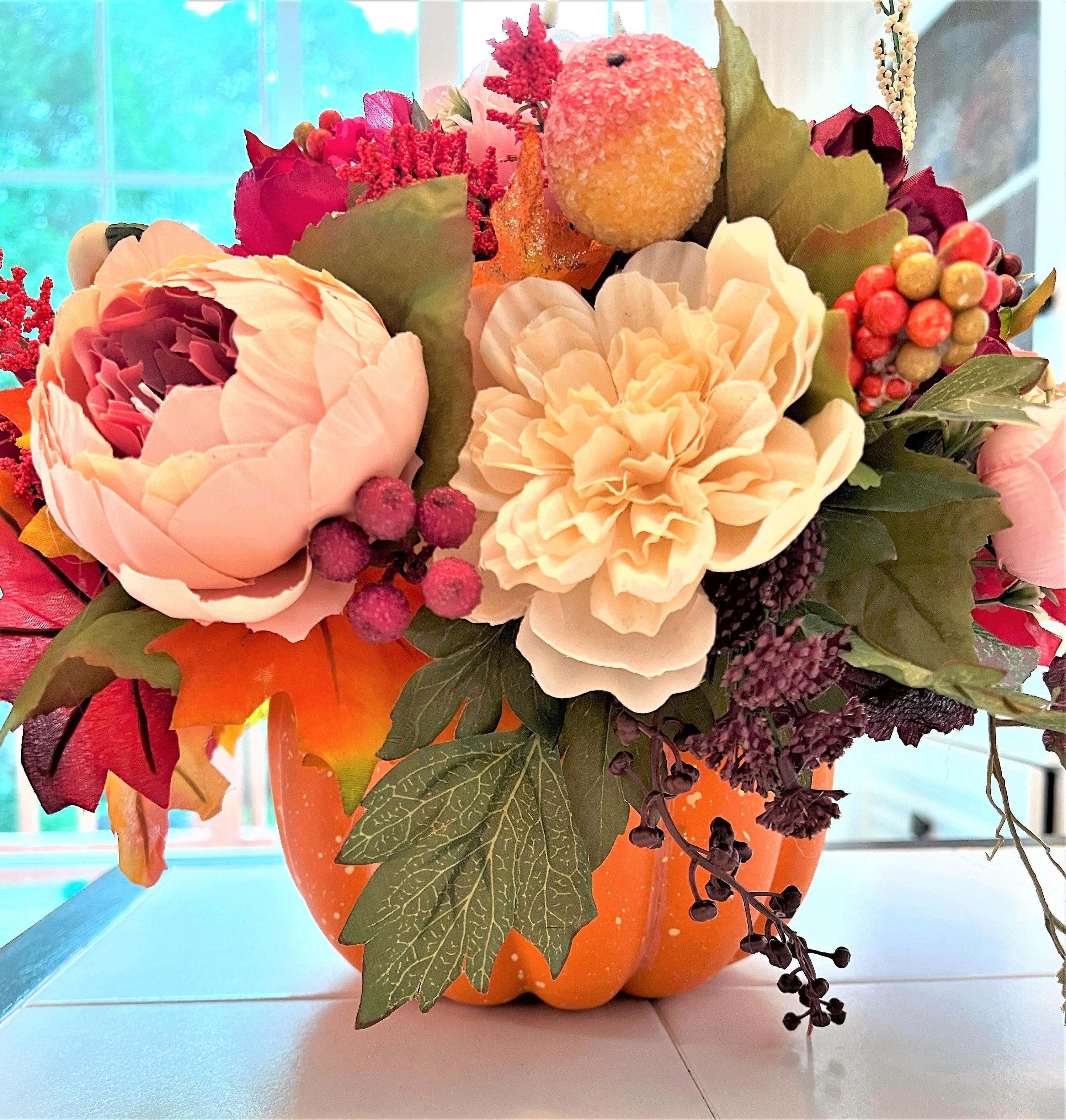 Table Centerpiece, Pumpkin Décor,  Floral, Fall, Wedding, Shower, Gift 16" W X 12" H