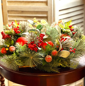 Red Berries, Glittered flocked peaches, Centerpiece 22" LX 19" W X 8"H