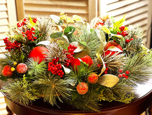 Red Berries, Glittered flocked peaches, Centerpiece 22" LX 19" W X 8"H