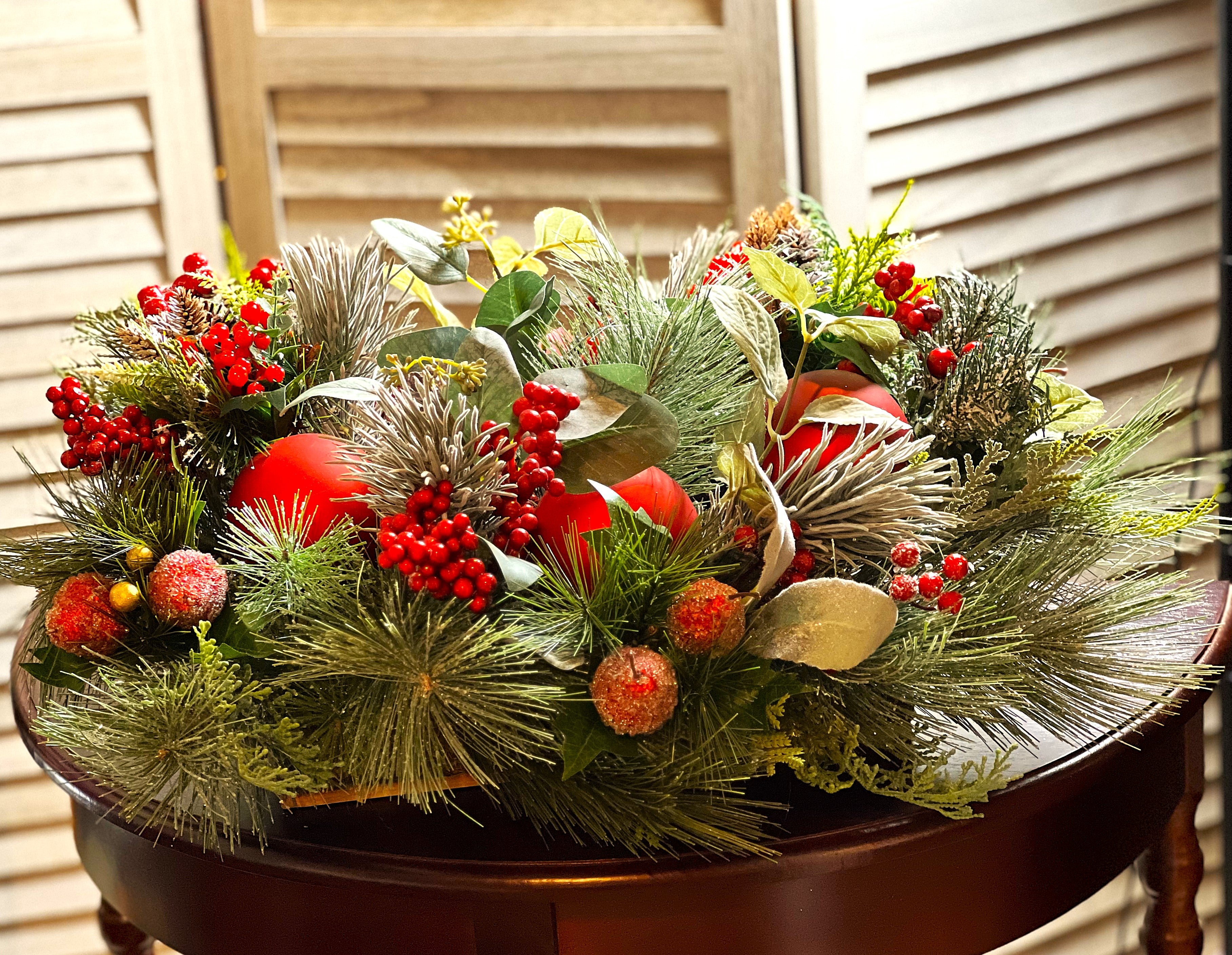 Red Berries, Glittered flocked peaches, Centerpiece 22" LX 19" W X 8"H