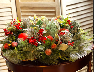 Red Berries, Glittered flocked peaches, Centerpiece 22" LX 19" W X 8"H