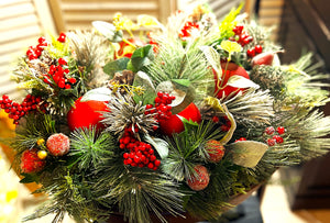 Red Berries, Glittered flocked peaches, Centerpiece 22" LX 19" W X 8"H