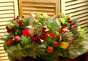 Red Berries, Glittered flocked peaches, Centerpiece 22" LX 19" W X 8"H