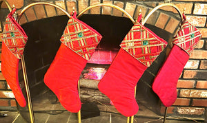 Classic Red Tartan Plaid  Luxe Christmas Tree Skirt 54" With Set Of 4 Stocking 20" L X 7" W